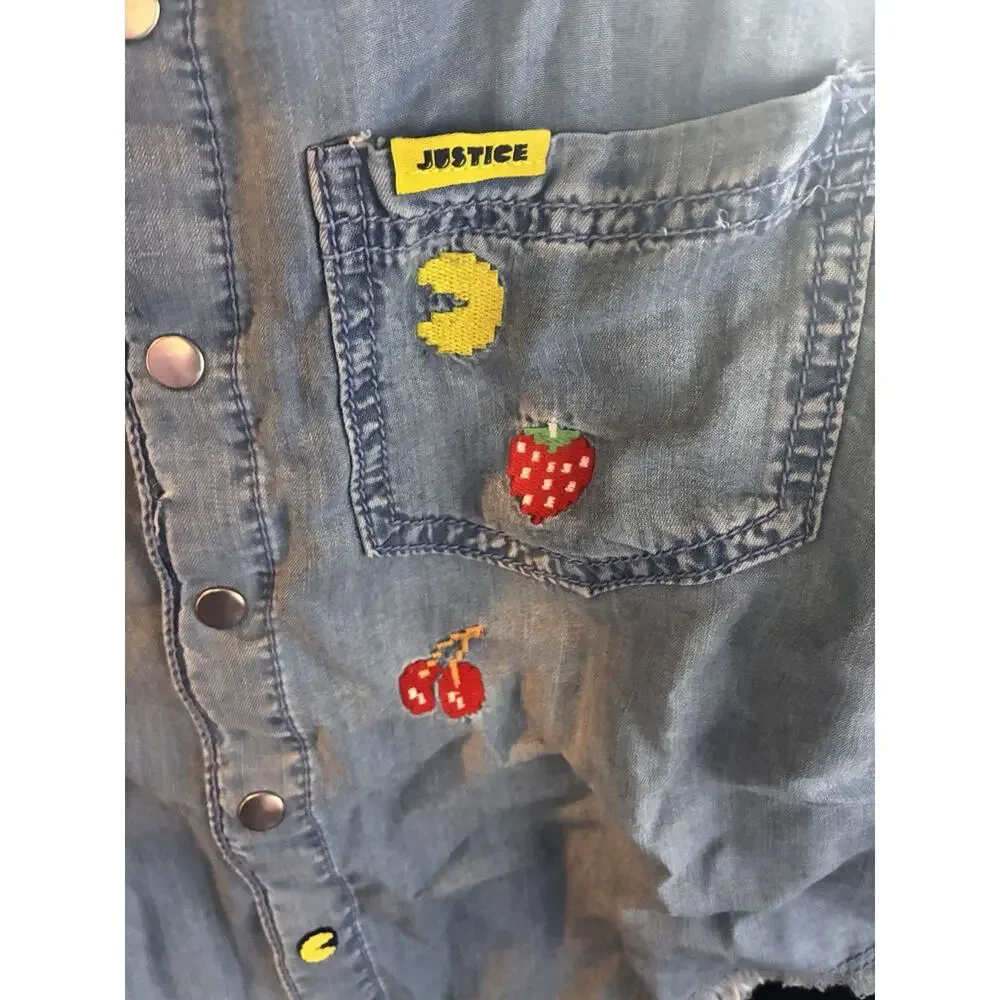 Justice Girls Pacman Denim Shirt Snap Closure Short Sleeve Size XS Blue